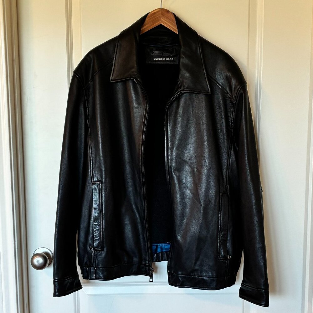 Andrew Marc Men’s Black Leather Jacket – XXL with Cashmere Lining